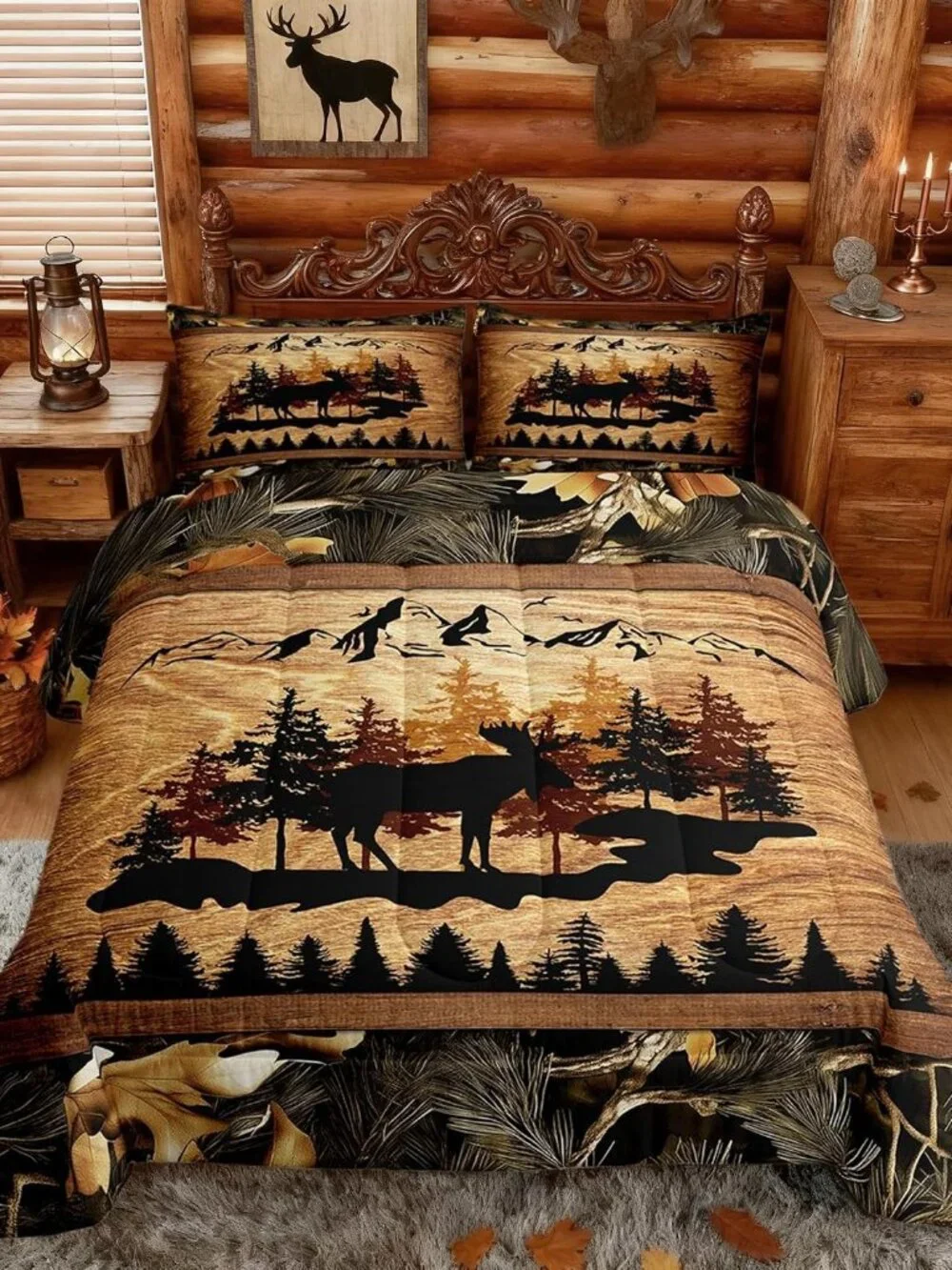 Jungle Cabin Comforter Set,Moose Animal Pine Trees Bedding Sets for Kids Teens A